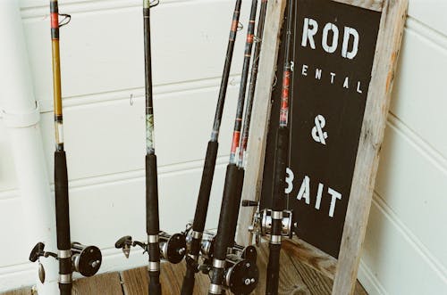 Six Assorted Fishing Rods Beside Rod Rental & Bait Signage