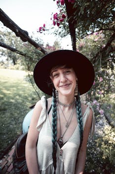 一位留着辫子、戴着软呢帽的女子，在户外一棵开花的树下微笑着摆姿势