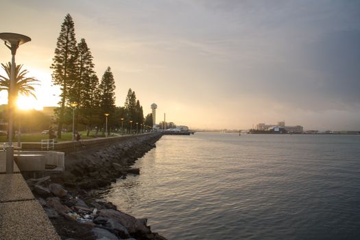 Peaceful waterfront promenade with trees lining the path, glowing in the sunset light.