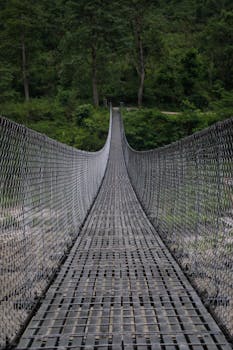 在郁郁葱葱的尼泊尔森林中，悬索桥提供了一条冒险的途径