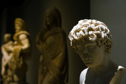 Free A collection of classical marble sculptures illuminated in a museum setting. Stock Photo