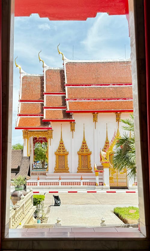 Temple through a window frame
