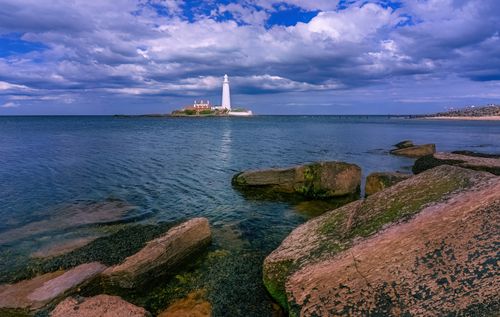Free A picturesque scene of St Mary's Lighthouse with rocky coastline and vibrant seascape. Stock Photo