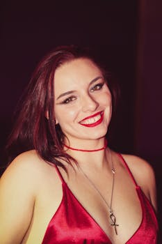 A young woman in a red dress, smiling with red lipstick and pendant necklace, portrait style.