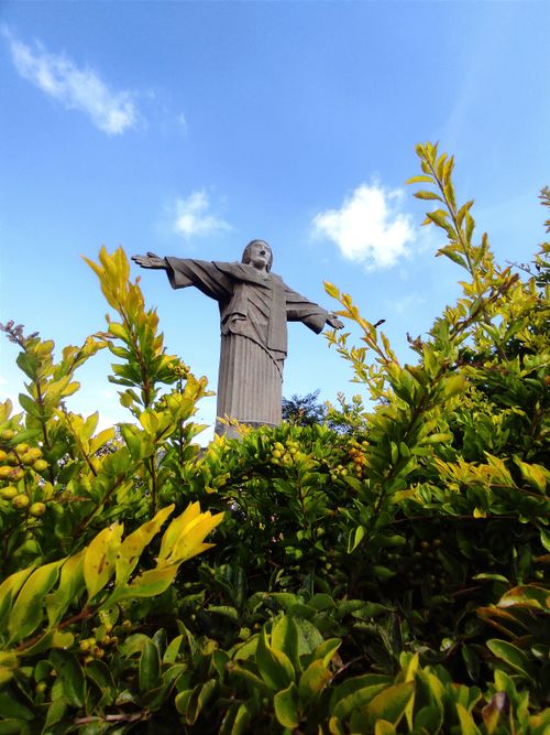 Free Low-angle view of Christ the Redeemer statue framed by vibrant green foliage against a blue sky in Rio de Janeiro. Stock Photo