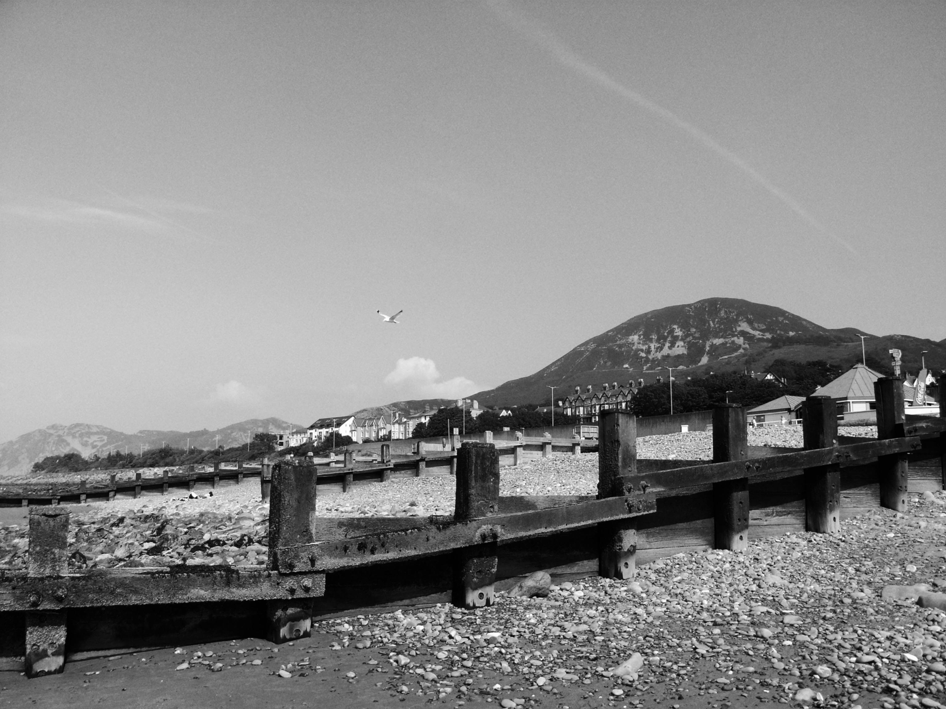 Serene coastal view in black and white featuring a pier, rocky shore, and distant mountains.