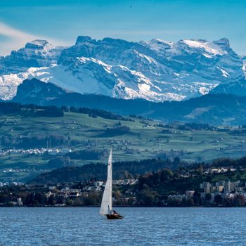 Sailboat gliding on Lake Zurich with snow-capped Swiss Alps and lush green hills in the background.
