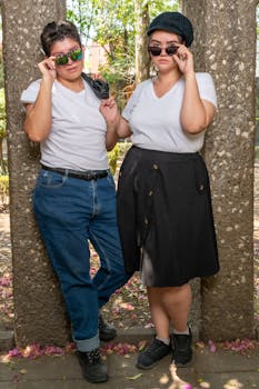 Two people in white t-shirts and sunglasses posing casually outdoors in a Ciudad de México park.