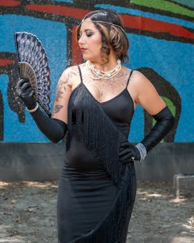 Woman in vintage attire and tattoos holding a decorative fan outdoors.