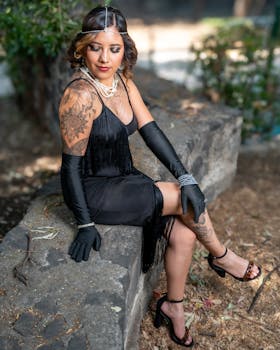 Elegant woman in a black flapper dress with tattoos and pearls, sitting outdoors in Ciudad de México.