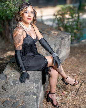 Woman in black flapper dress and gloves sitting gracefully in a park in Ciudad de México.
