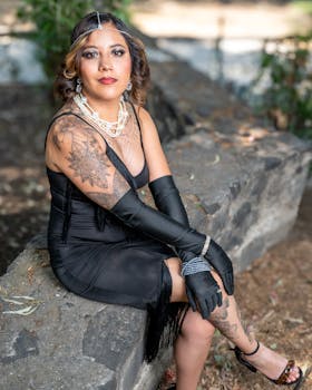 Stylish woman in a black dress with tattoos, sitting outdoors in Mexico City.