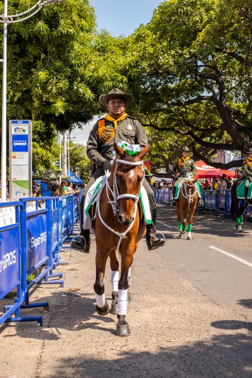 Free Police officers on horseback parading in a sunny city street during a summer festival. Stock Photo