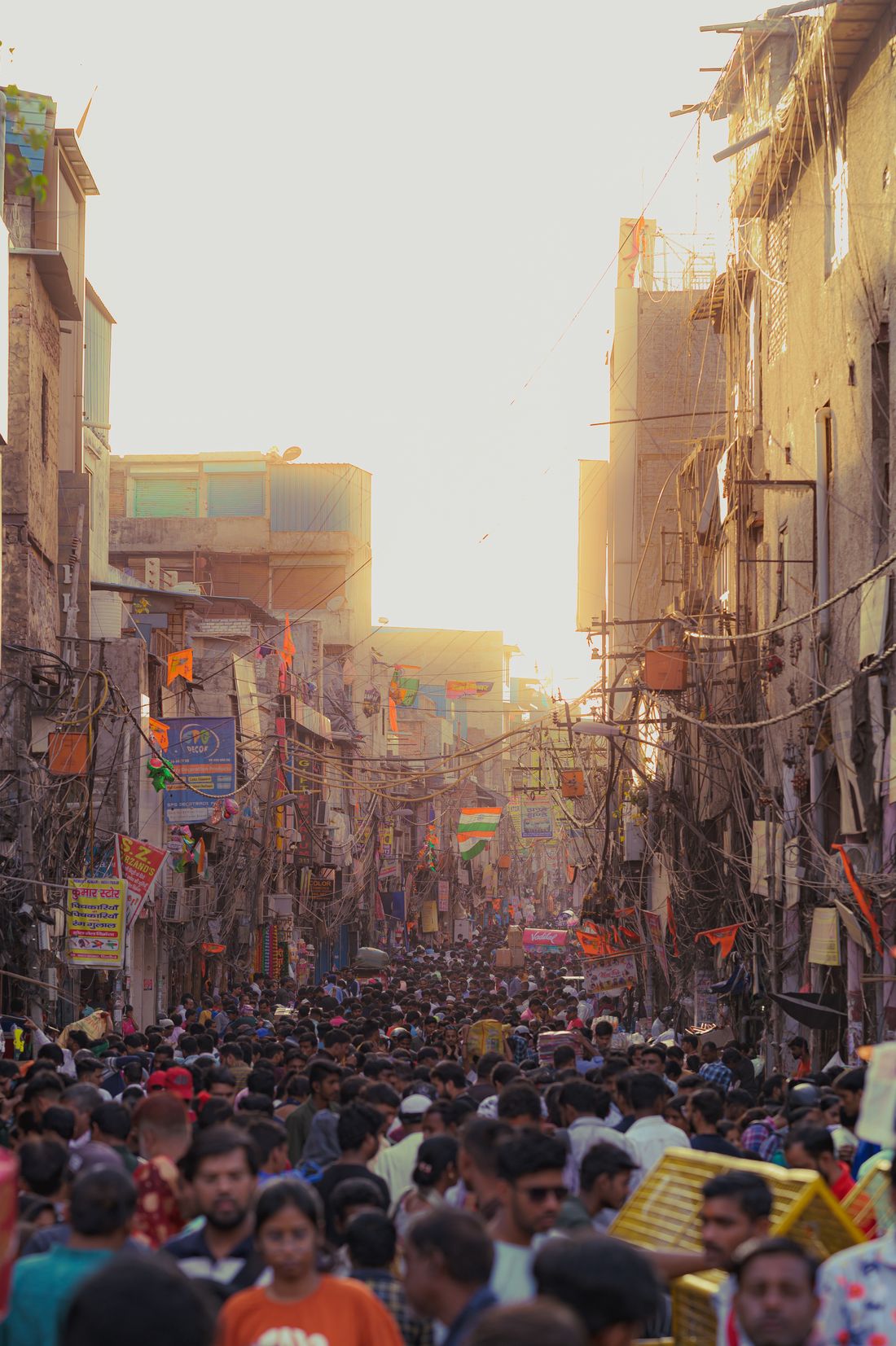 A dense street scene in Old Delhi