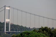 晴朗的日子里，一座高大的现代吊桥横跨在郁郁葱葱的绿地上