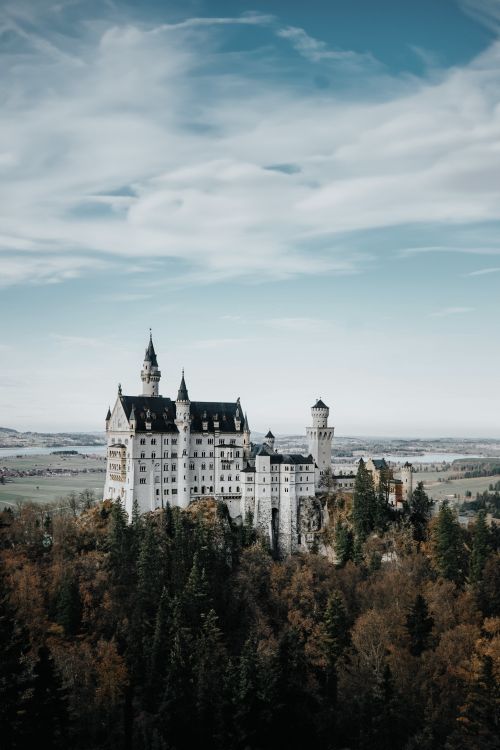Free A breathtaking aerial view of Neuschwanstein Castle surrounded by lush forest, capturing its majestic architecture. Stock Photo