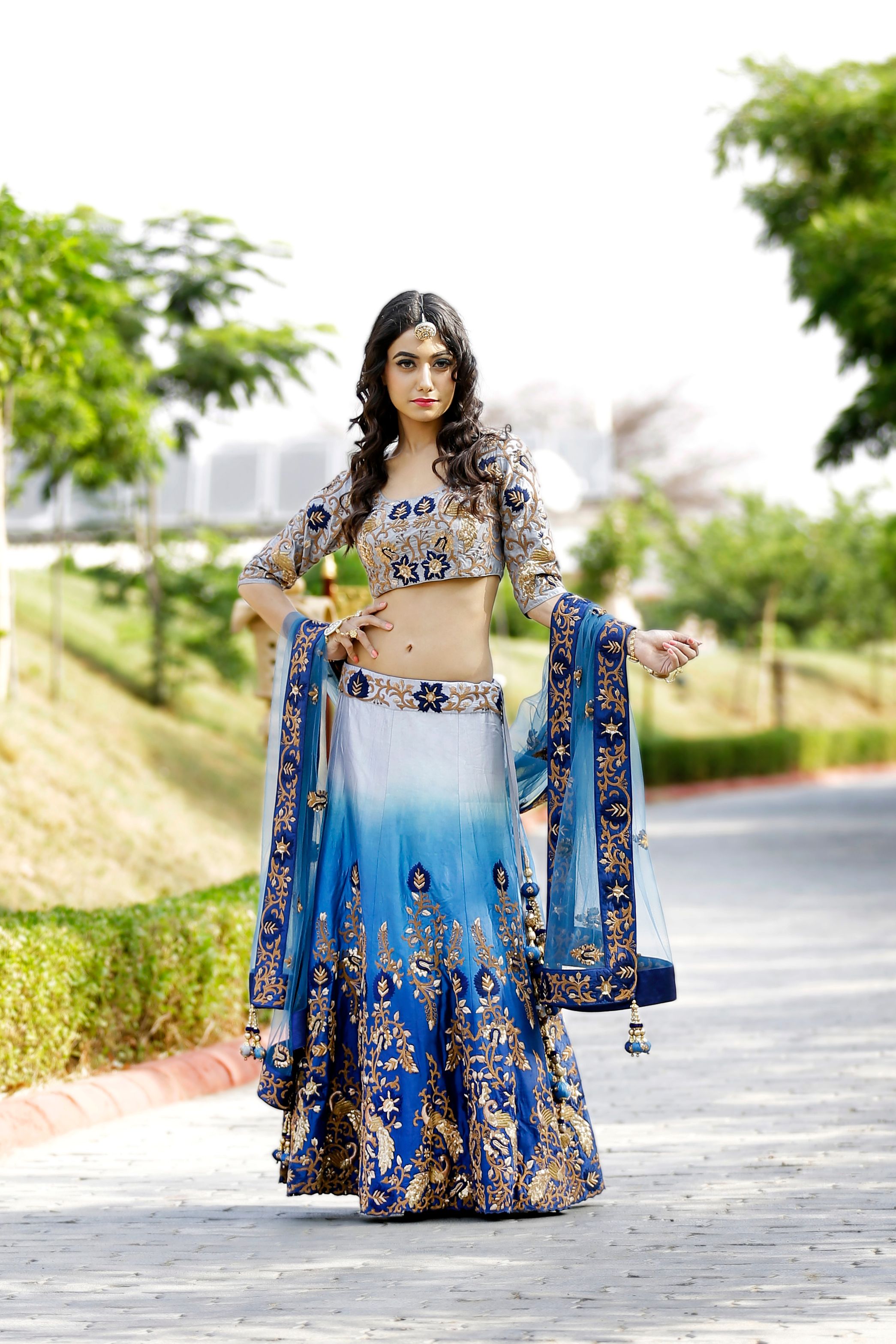 An elegant Indian woman poses outdoors in a traditional embroidered dress, showcasing cultural fashion.