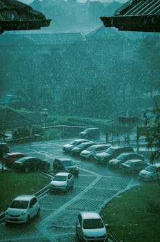 Cars parked in an outdoor lot during a heavy rainstorm in an urban setting.