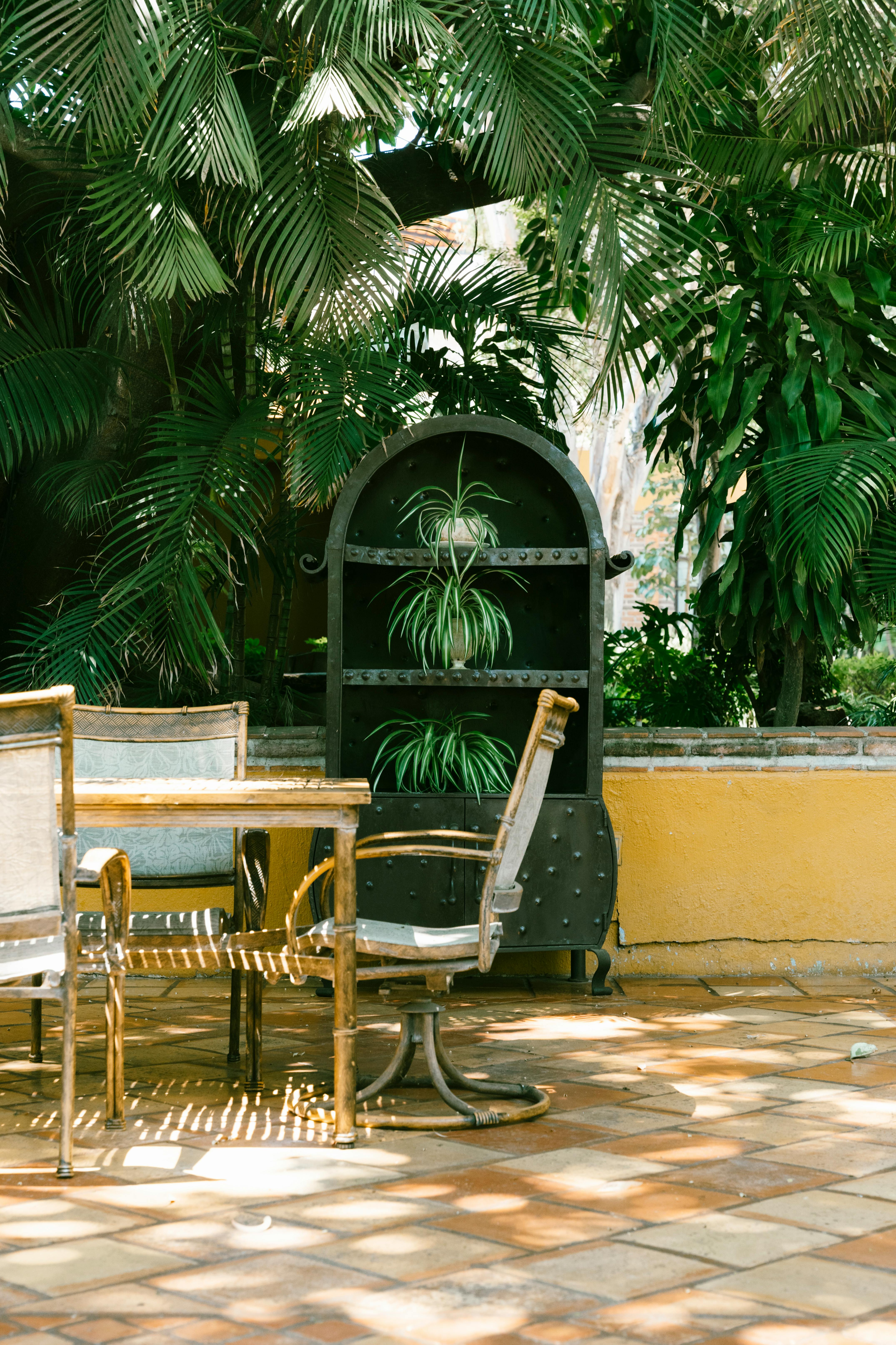 Rustic outdoor terrace featuring wooden chairs, a table, and lush greenery in natural sunlight.