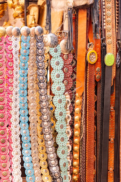 A variety of colorful beads and necklaces on display