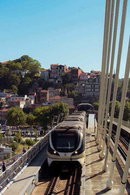A train is traveling on a bridge over a city