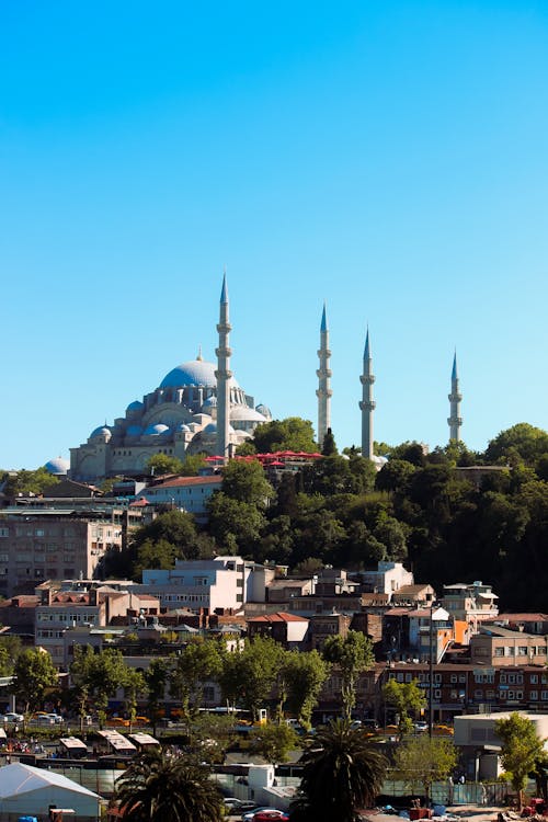 The blue mosque is seen from the water