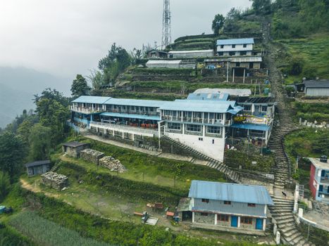 A picturesque view of terraced buildings in Ghandruk, Gandaki Province, Nepal.