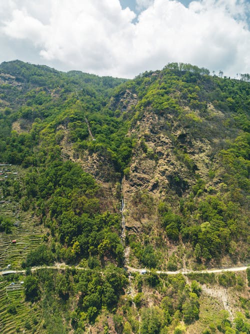 A view of a mountain road from the air