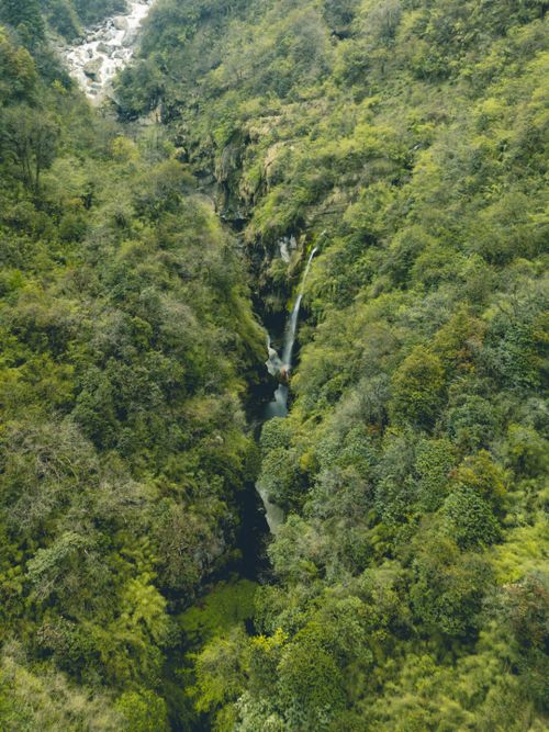 Free Aerial view of a lush waterfall surrounded by green forests in Lwang Ghalel, Nepal. Stock Photo