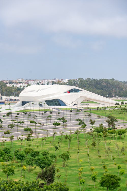 The building is shaped like a bird and has a green roof