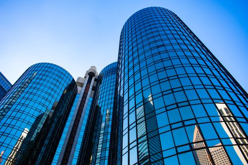 Free Low-angle view of reflective skyscrapers capturing the essence of urban Los Angeles architecture. Stock Photo