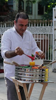 Man preparing traditional Turkish ice cream on the street with vibrant colors.