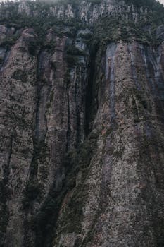 郁郁葱葱的绿色植被覆盖在高耸的岩石悬崖上，展现了大自然的壮丽景色