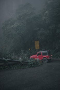 一辆红色吉普车沿着被郁郁葱葱植被包围的雾山曲线驶过