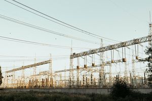 Electrical substation and transmission lines at dusk — photo by Kris Moklebust on Pexels
