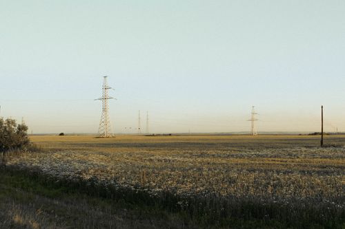 Free Serene rural landscape featuring power lines stretching across a field at sunrise. Stock Photo