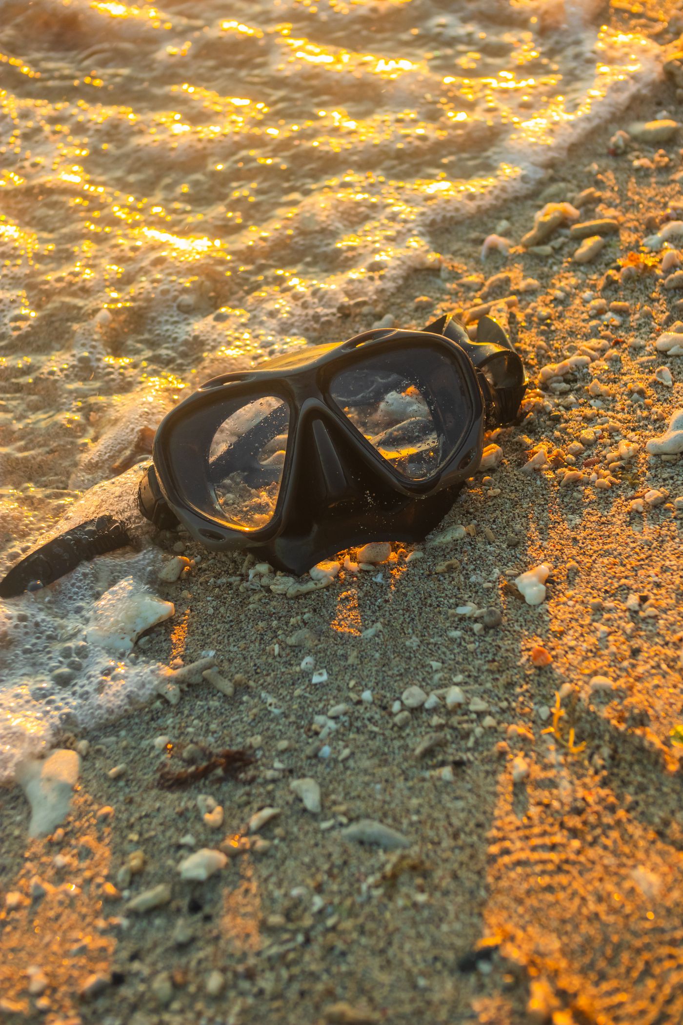 Snorkeling mask resting on a beach beside the water