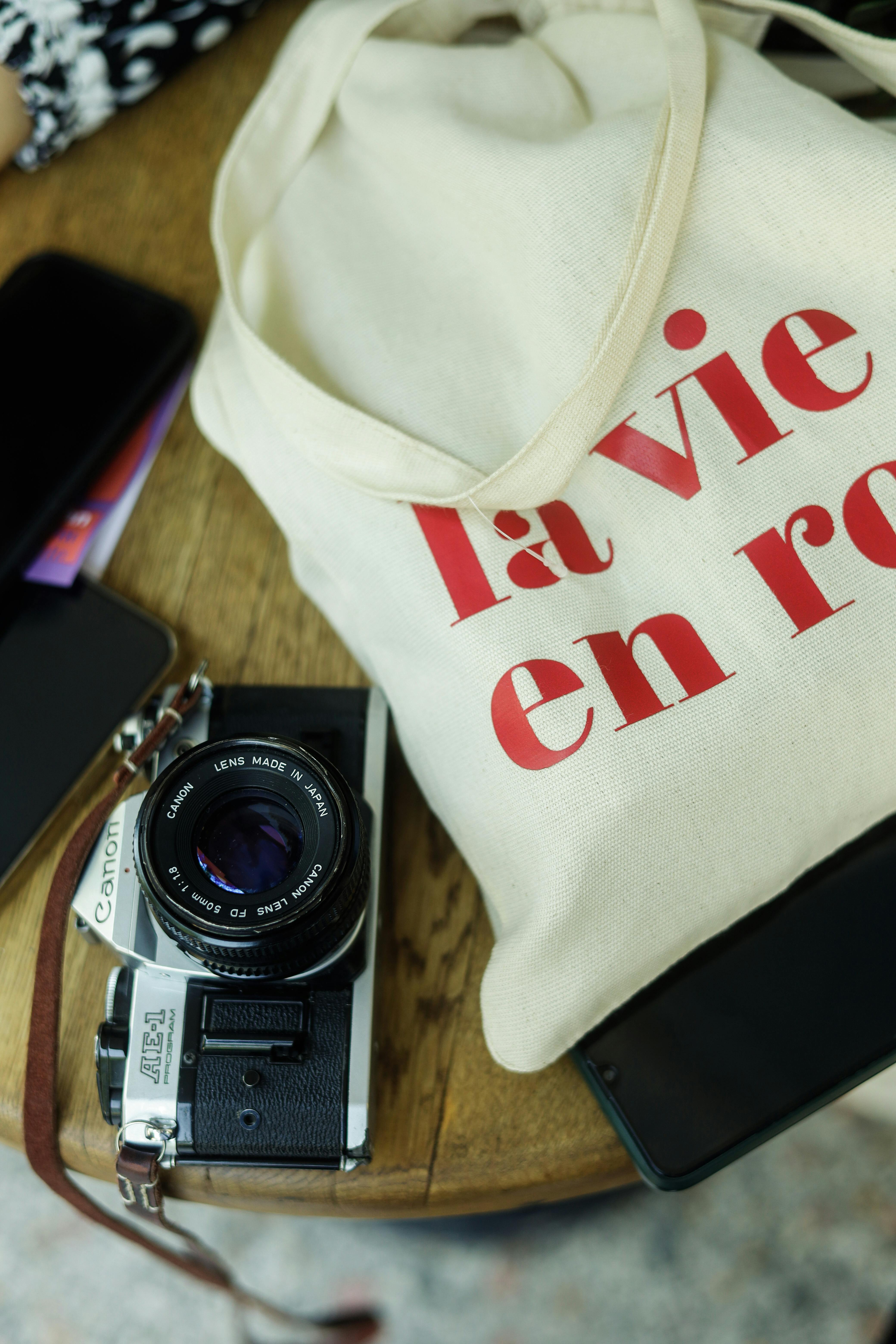 bag and camera on table