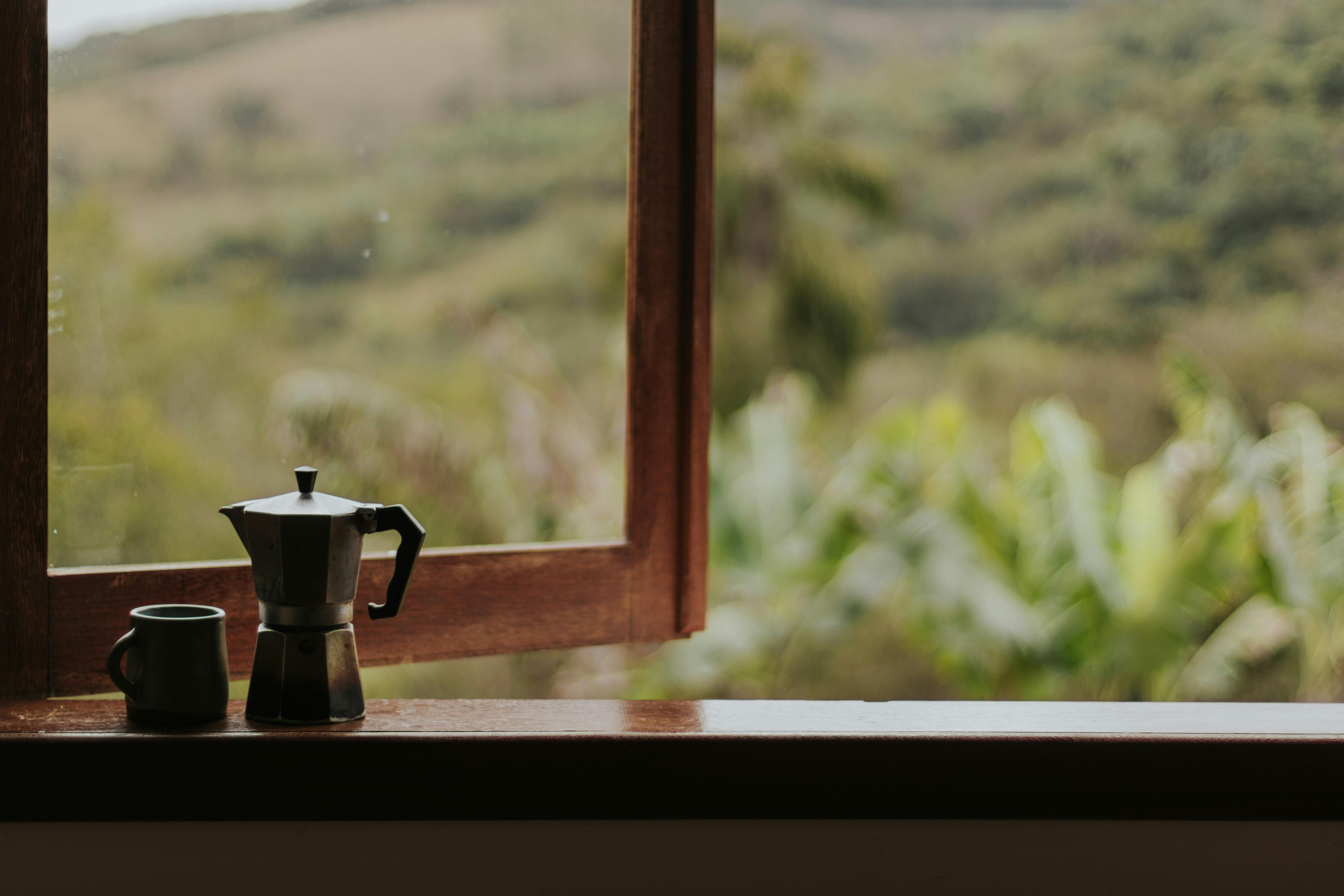 A coffee maker and mug on a window sill, overlooking a lush greenery outdoors.