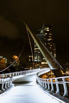 加利福尼亚州圣地亚哥一座现代人行天桥的夜景，展现了城市建筑和灯光