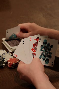 Close-up of hands holding aces and kings with poker chips on table.