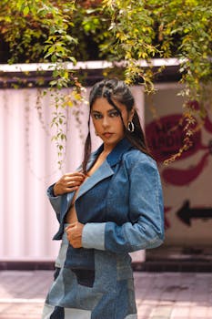Fashionable young woman posing in denim outfit outdoors in Puebla, Mexico.