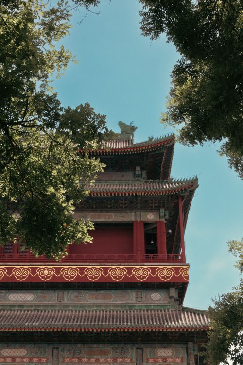 Free A beautiful red pagoda surrounded by lush trees under a clear sky, showcasing traditional Asian architecture. Stock Photo