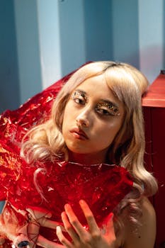 Stylish portrait featuring a woman with bold glitter makeup and a vibrant red wrap.