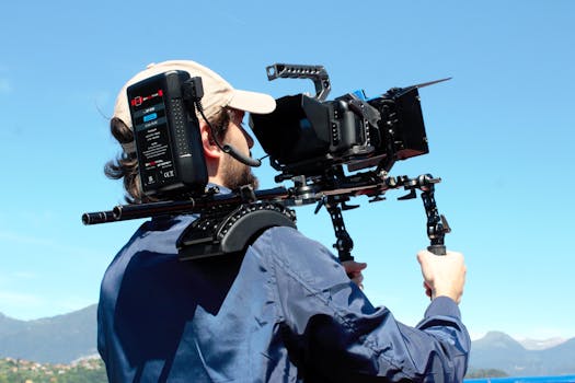 Cameraman using a professional rig outdoors under a clear blue sky.