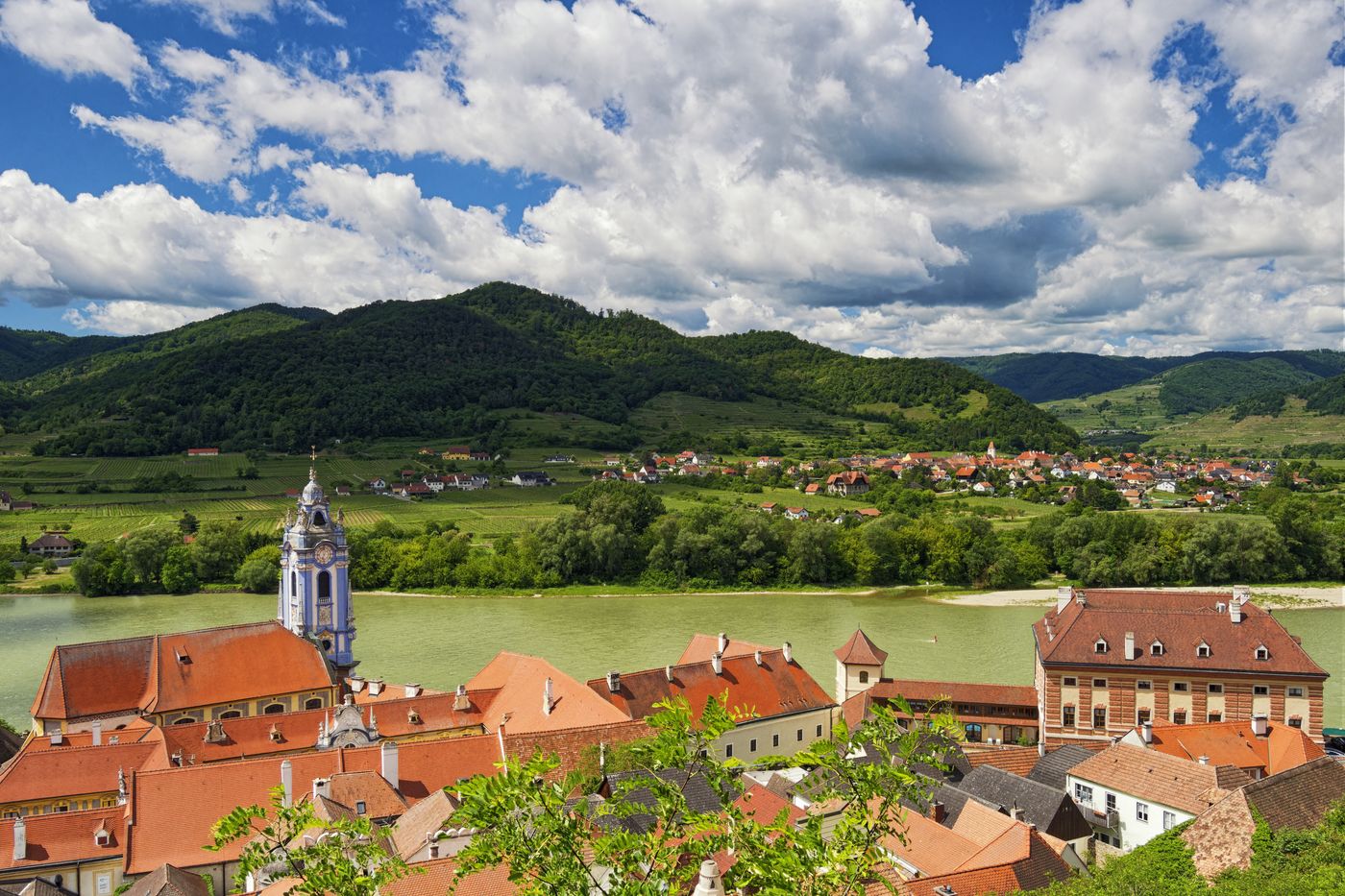 Aerial view of Dürnstein and the Danube in Austria's Wachau valley