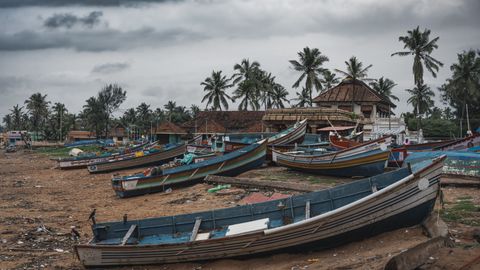 Charming view of a tropical coastal village with colorful fishing boats and lush palm trees.