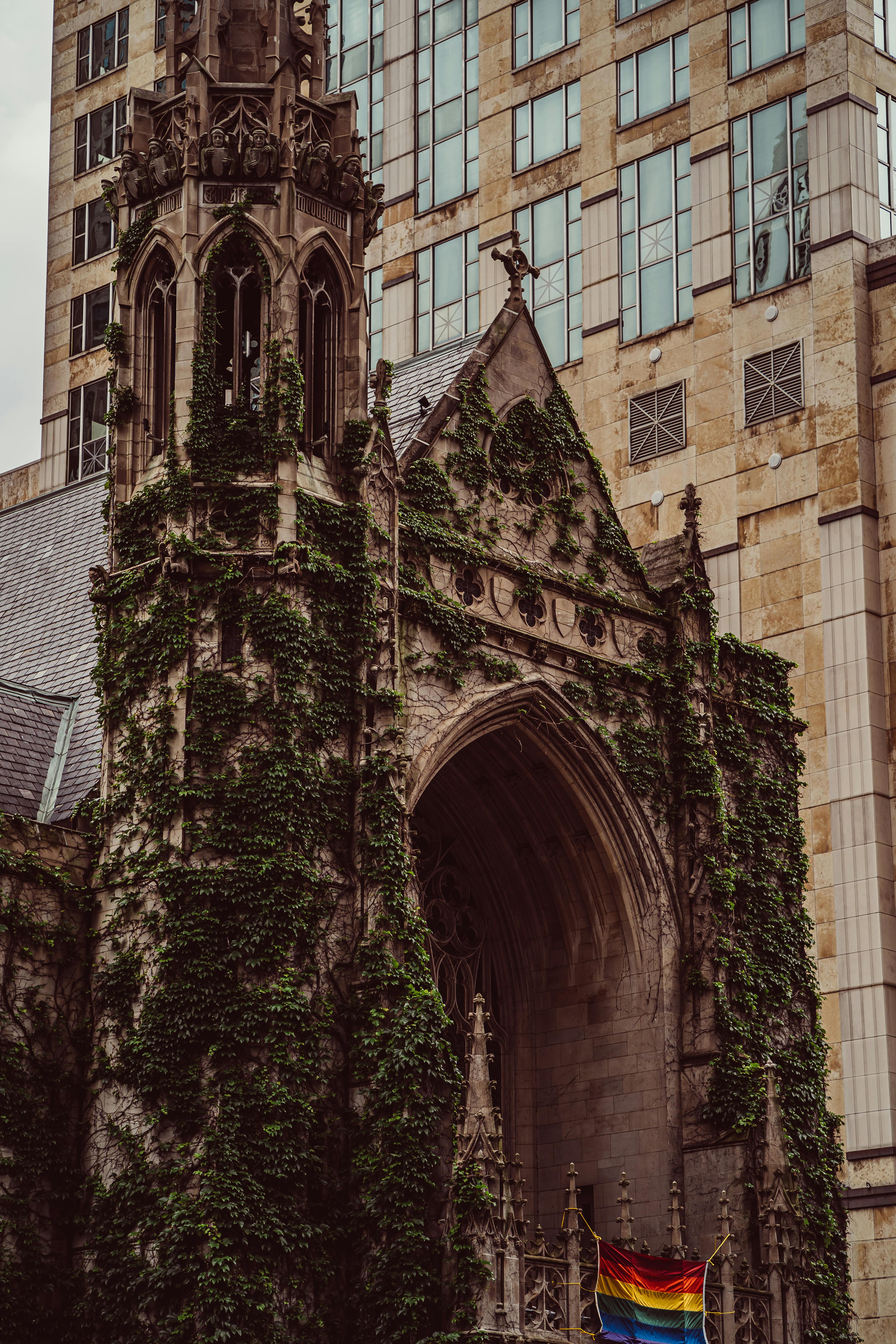 芝加哥一座令人惊叹的哥特复兴教堂的立面，被郁郁葱葱的常春藤覆盖着