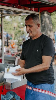 Middle-aged man at street food stall preparing food with a cigarette in hand.