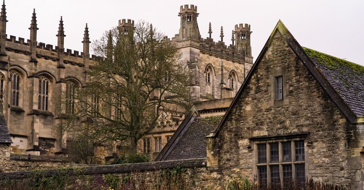 A picturesque view of ancient Gothic-style buildings in Oxford, UK, showcasing architectural beauty.